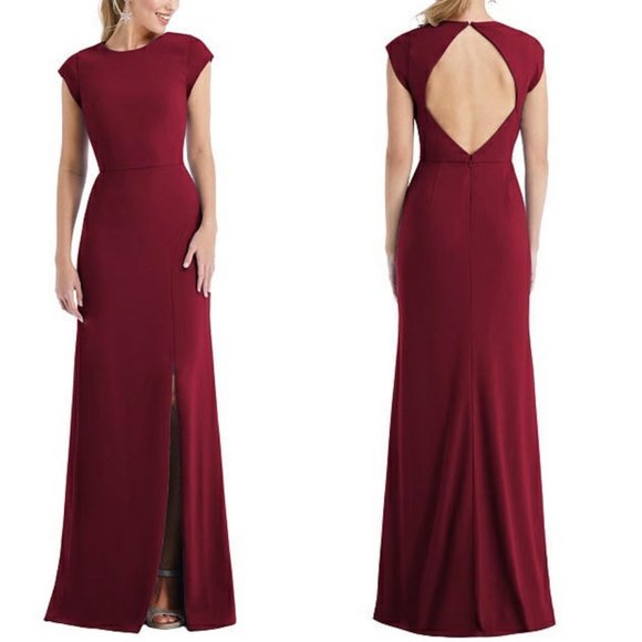 Thread Bridesmaid Size 4 Cap Sleeve Open-Back Trumpet Gown Front Slit Burgundy - Picture 1 of 12